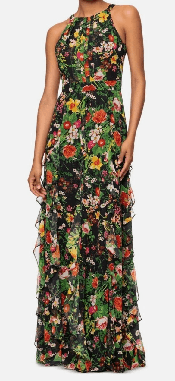 Betsy & Adam Women Printed Ruffled Halter-Neck Gown Size 14