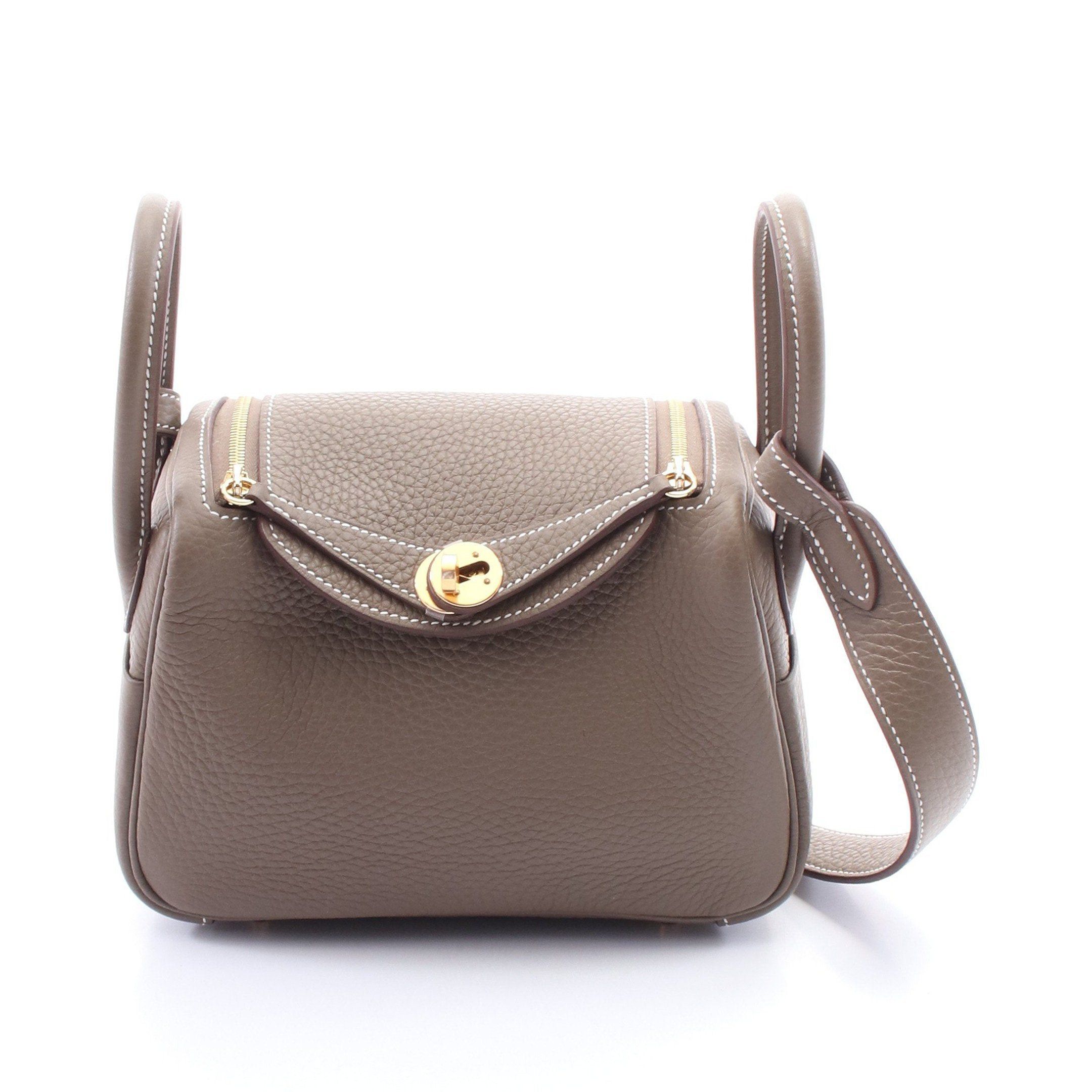 Hermes Lindy Mini Etoupe Shoulder Bag Clemence Leather Gray Brown Gold Hardware Double Engraved, Women's