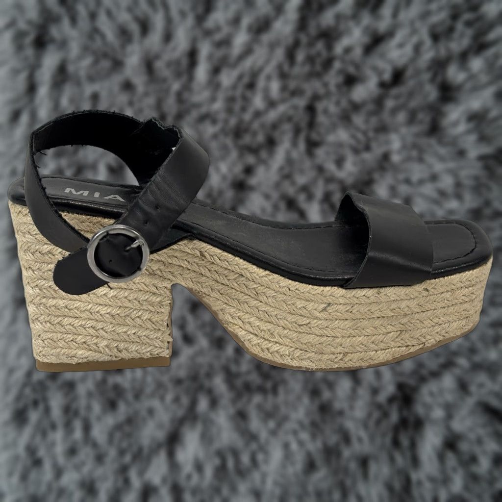Vintage MIA Florida Sandals Women’s 9 Black Chunky Espadrille Platform Buckle Faux Leather Size US 9 / IT 39 - 1 Thumbnail