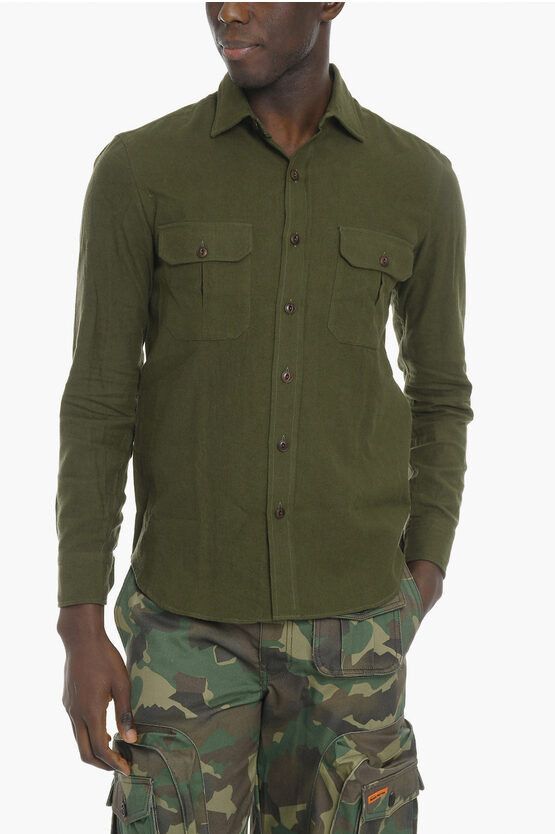 image of Salvatore Piccolo Cotton Blend Shirt With Double Breast Pocket in Green, Men's (Size Small)