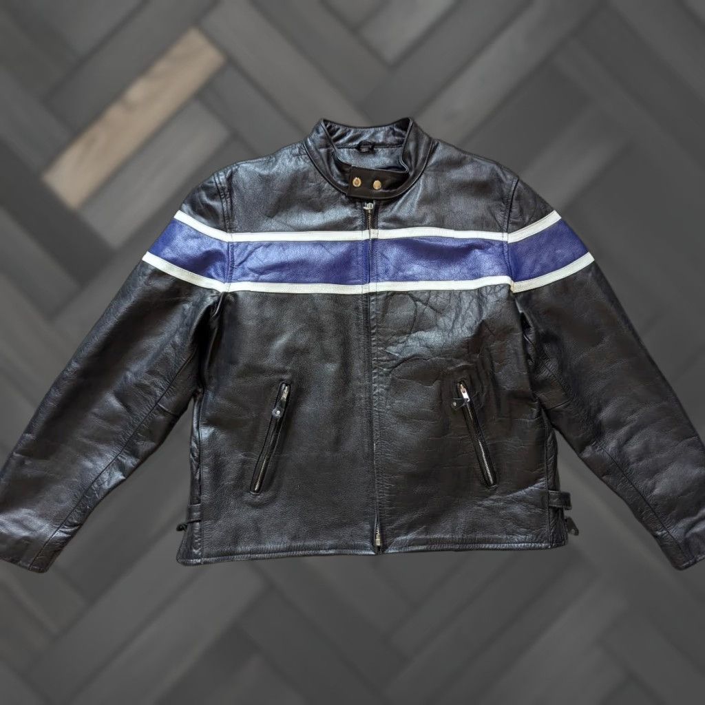 Vintage VINTAGE Harley Motorcycle Jacket 2XL Black Leather Cafe Racer Striped Cowhide Mens 50-52 1990s Size US XXL / EU 58 / 5 - 1 Thumbnail