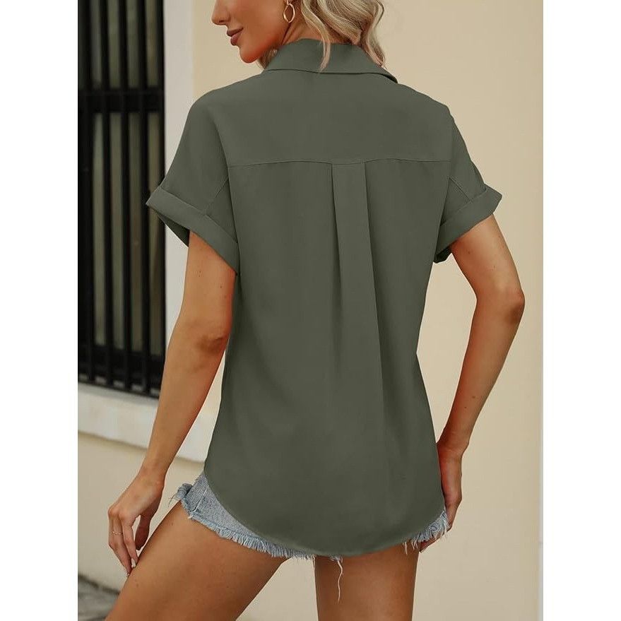 Other CCC Army Green Chic Henley Short Sleeve Button Up Lapel Shir Size XL / US 12-14 / IT 48-50 - 5 Thumbnail