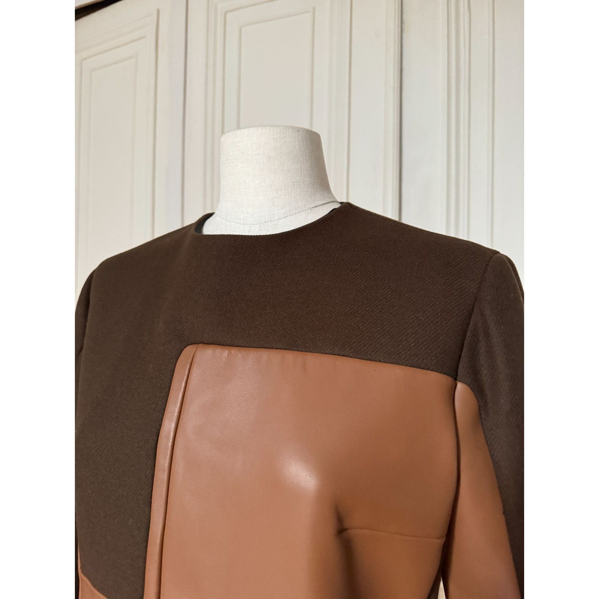 Celine FW 2011 Brown Wool & Buffalo Leather Dress Size M / US 6-8 / IT 42-44 - 4 Thumbnail