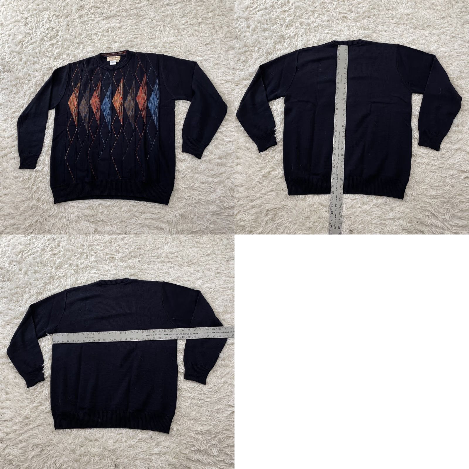 Jim Thompson NORM THOMPSON Wool Italian Sweater Men L Navy Blue Orange Retro Geometric Knit Pullover Crew Neck Long Sleeve Multicolor Size US L / EU 52-54 / 3 - 10 Thumbnail