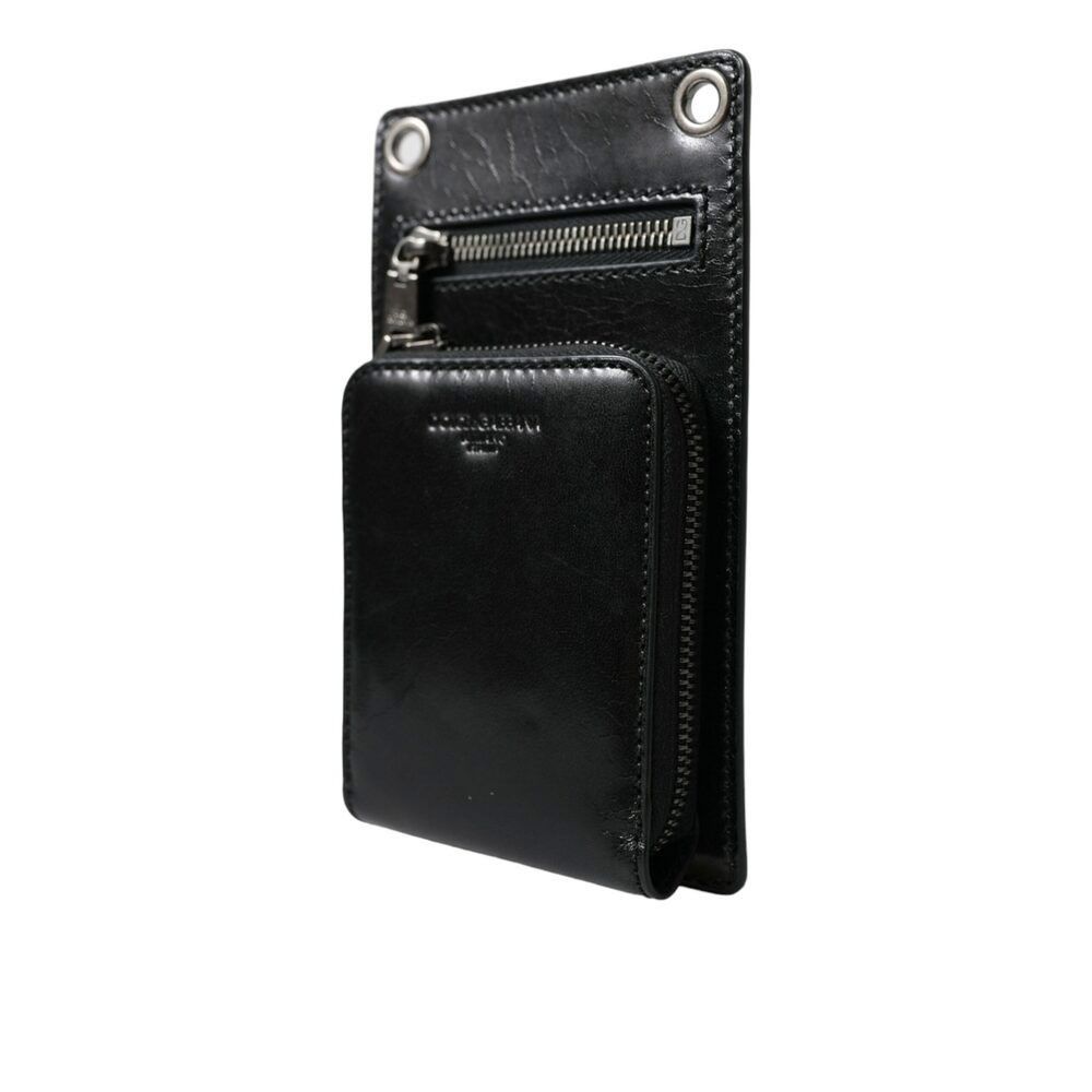 Dolce & Gabbana Dolce & Gabbana Black Calf Leather Zip Logo Shoulder Neck St Size ONE SIZE - 1 Thumbnail