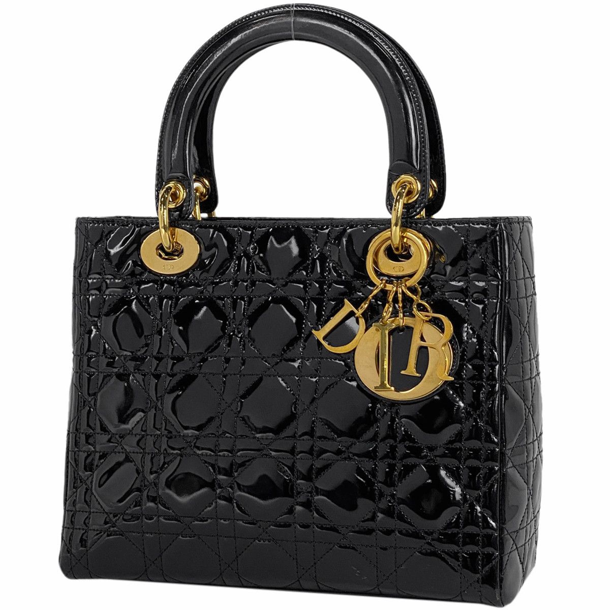 image of Christian Dior Shoulder Bag Cannage Enamel Handbag Patent Leather Black, Women's