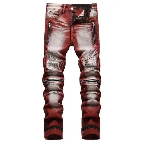 Men Casual Jeans Coated Straight Pleated Biker Jeans