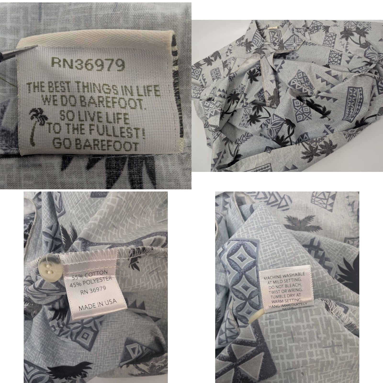 Vivobarefoot VTG Go Barefoot Shirt Men's L Light Grey Blue Hawaiian Aloha Collared Floral Short Sleeve Button-Up Size US L / EU 52-54 / 3 - 8 Thumbnail