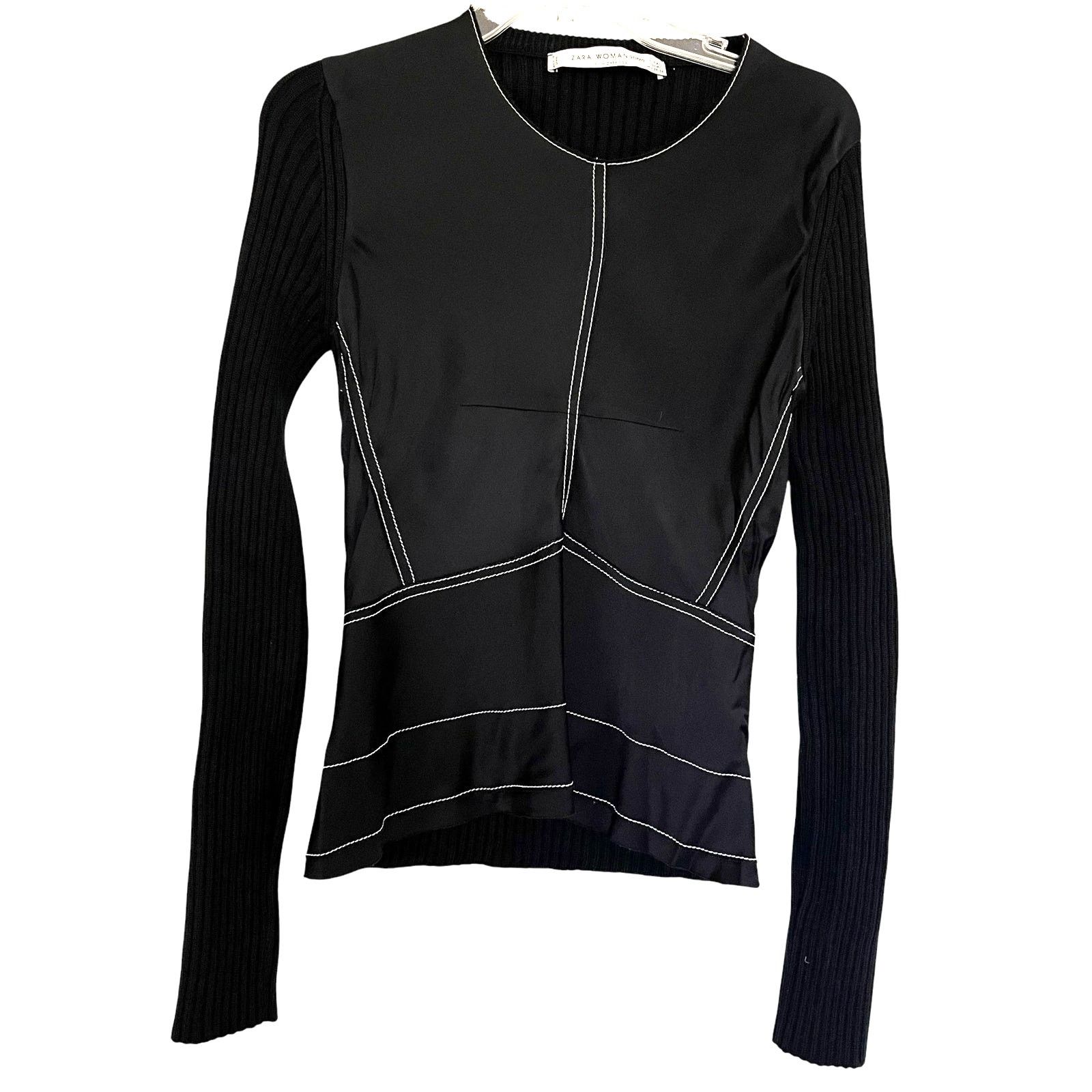Zara Zara Black Contrast Stitch Ribbed Knit Wool Sweater Size M / US 6-8 / IT 42-44 - 1 Thumbnail
