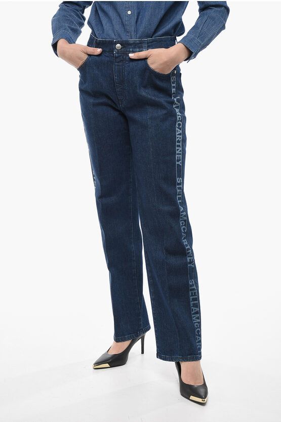 image of Stella Mccartney Straight Fit Dark Wash Denims With Side Logoed Bands 22Cm in Blue, Women's (Size 3