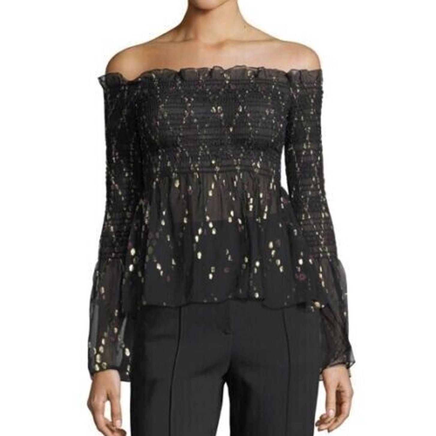 A.L.C. A.L.C. Agra Black Gold Metallic off Shoulder Blouse sheer 4 Size S / US 4 / IT 40 - 3 Thumbnail
