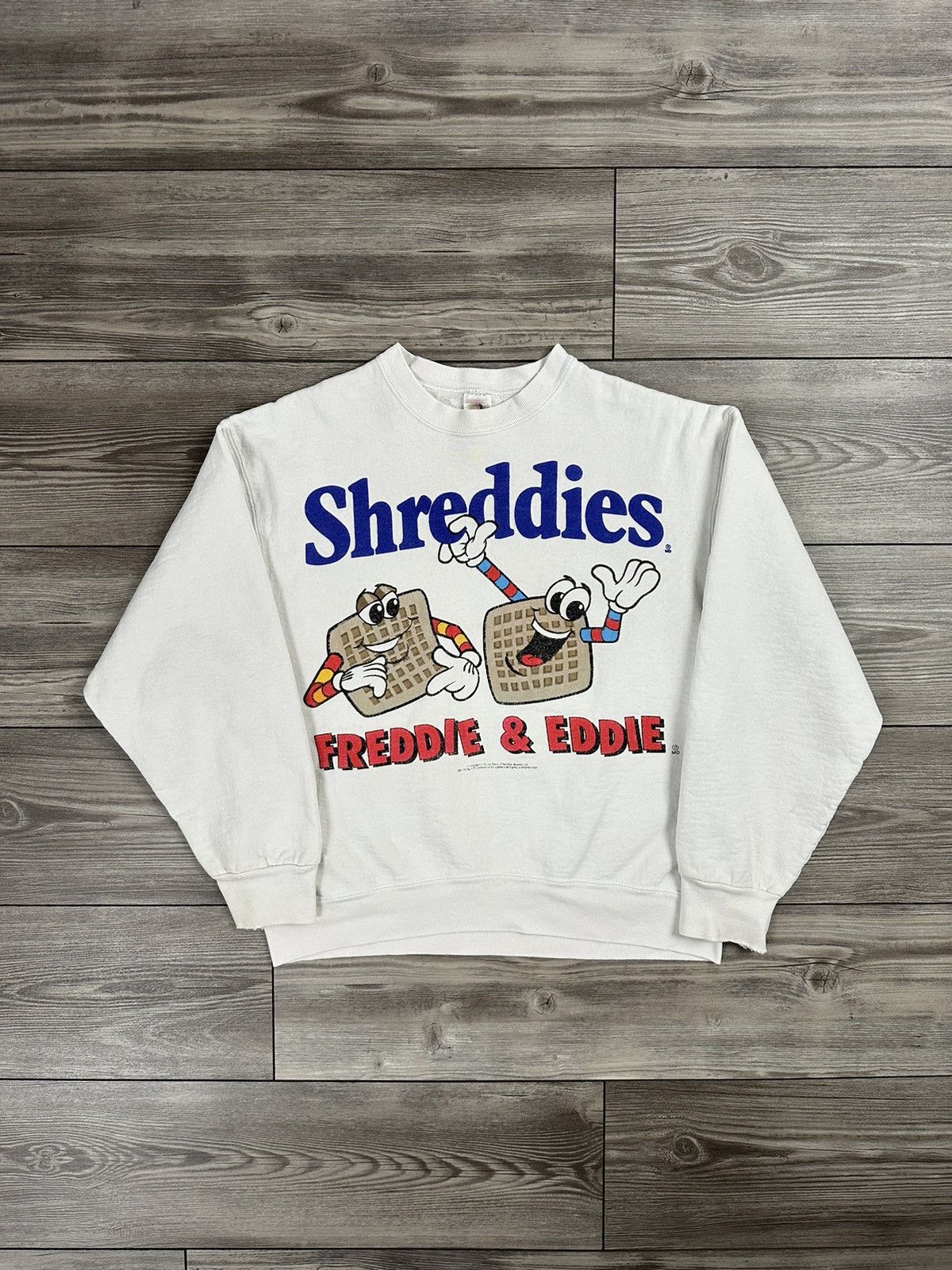 image of Vintage Shreddies Cereal Freddie & Eddie Crewneck in White, Men's (Size Medium)
