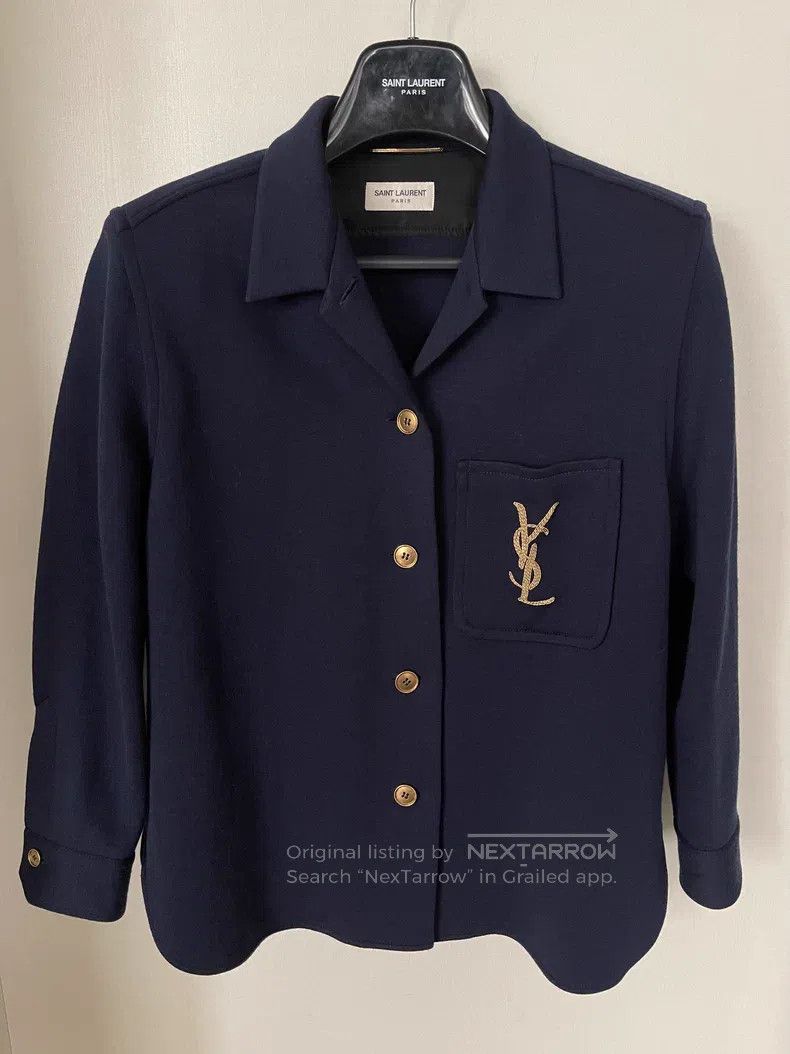 Saint Laurent Paris Saint Laurent Paris Logo Embroidered Navy Blue Wool Shirt Size S / US 4 / IT 40 - 1 Thumbnail