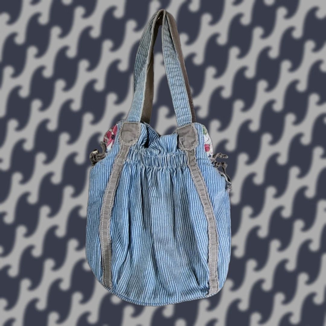 Vintage Thirty-One Tote Bag Blue Striped Floral Lined Large Womens Handbag