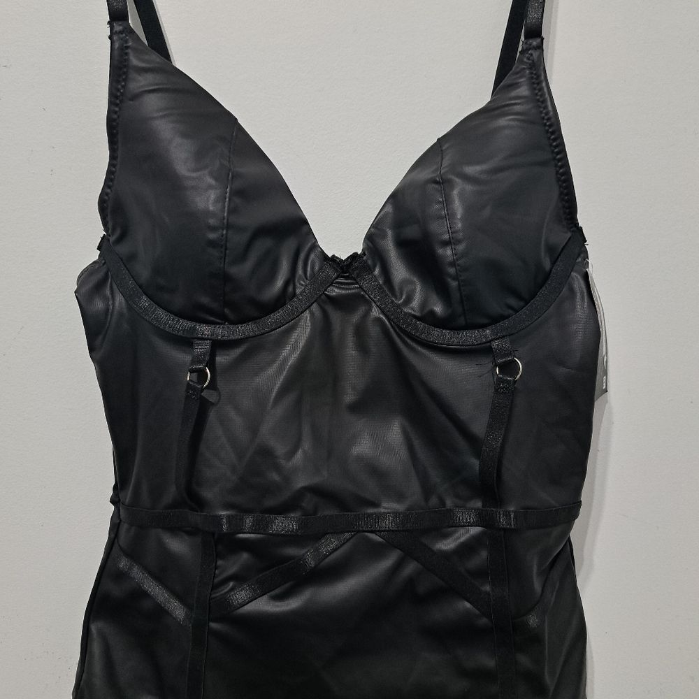 Other Spirit Bodysuit Pleather Sexy Sheer Lace Cup Small Black NWT Size S / US 4 / IT 40 - 16 Thumbnail