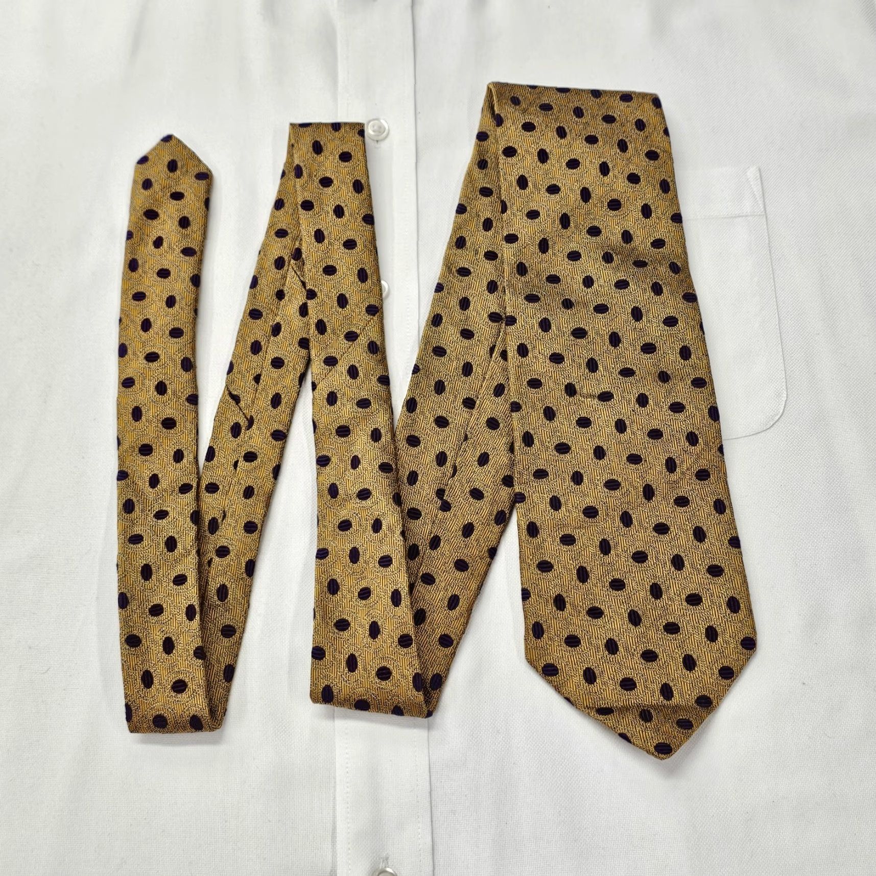 Vintage XMI Couture Long Necktie Men's Gold Purple Polka Dots Textured USA Silk Size ONE SIZE - 2 Thumbnail