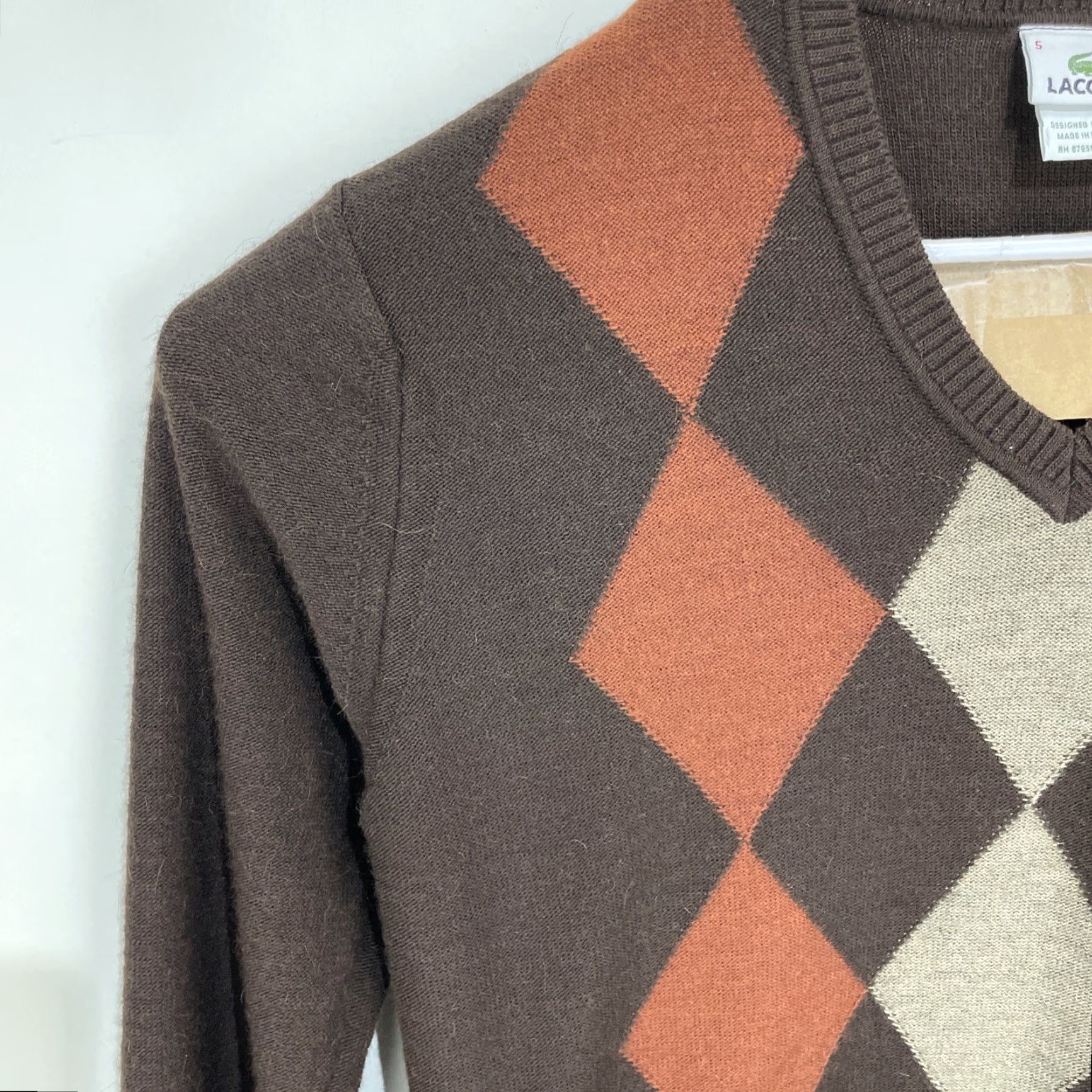 Lacoste Lacoste Sweater Mens Large V-Neck Argyle Brown Gray Wool Alpaca Pullover Knit Size US L / EU 52-54 / 3 - 4 Thumbnail
