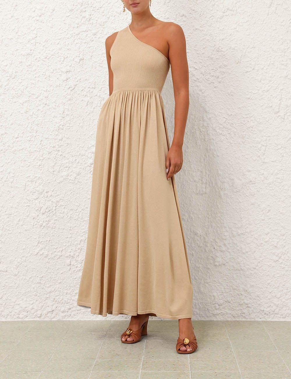 Zimmermann oc11z1025 Crush Metallic Asymmetric Maxi Dress in Beige Size L / US 10 / IT 46 - 2 Thumbnail