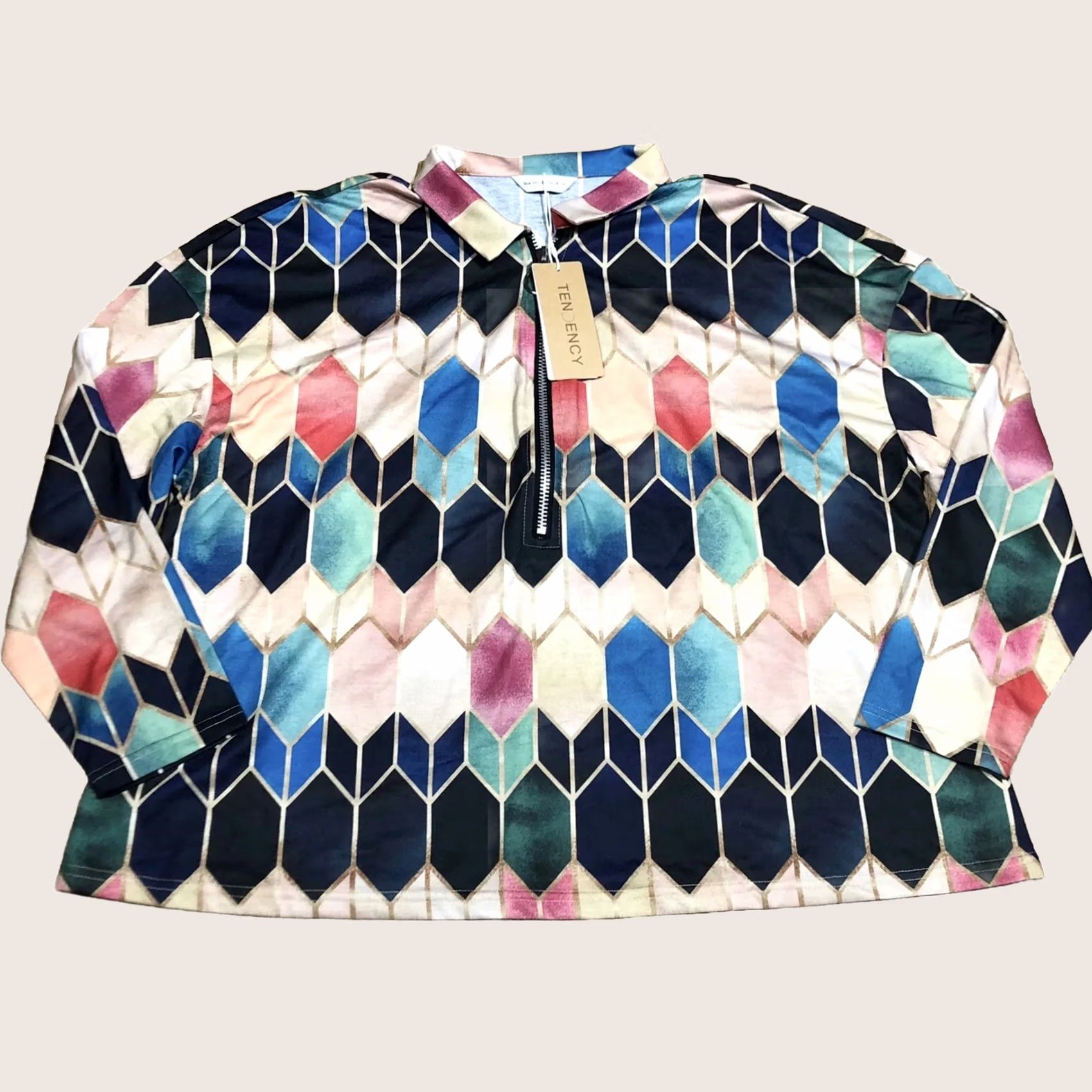 Vintage Tendency Geometric Zip Neck Pullover Top Size UK 3XL (eur56) Bnwt Womens Ladies - Print Size XXL / US 16-18 / IT 52-54 - 1 Thumbnail