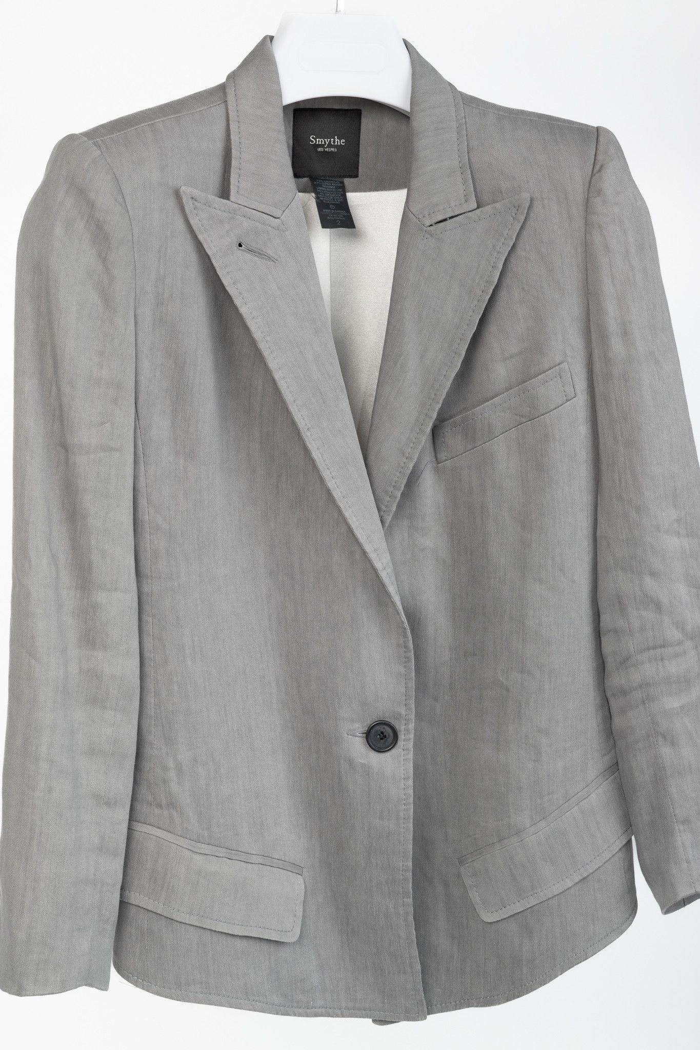 SMYTHE Smythe Sharp Shoulder Grey Linen-Blend 3/4-Sleeve Blazer Size XS / US 0-2 / IT 36-38 - 3 Thumbnail