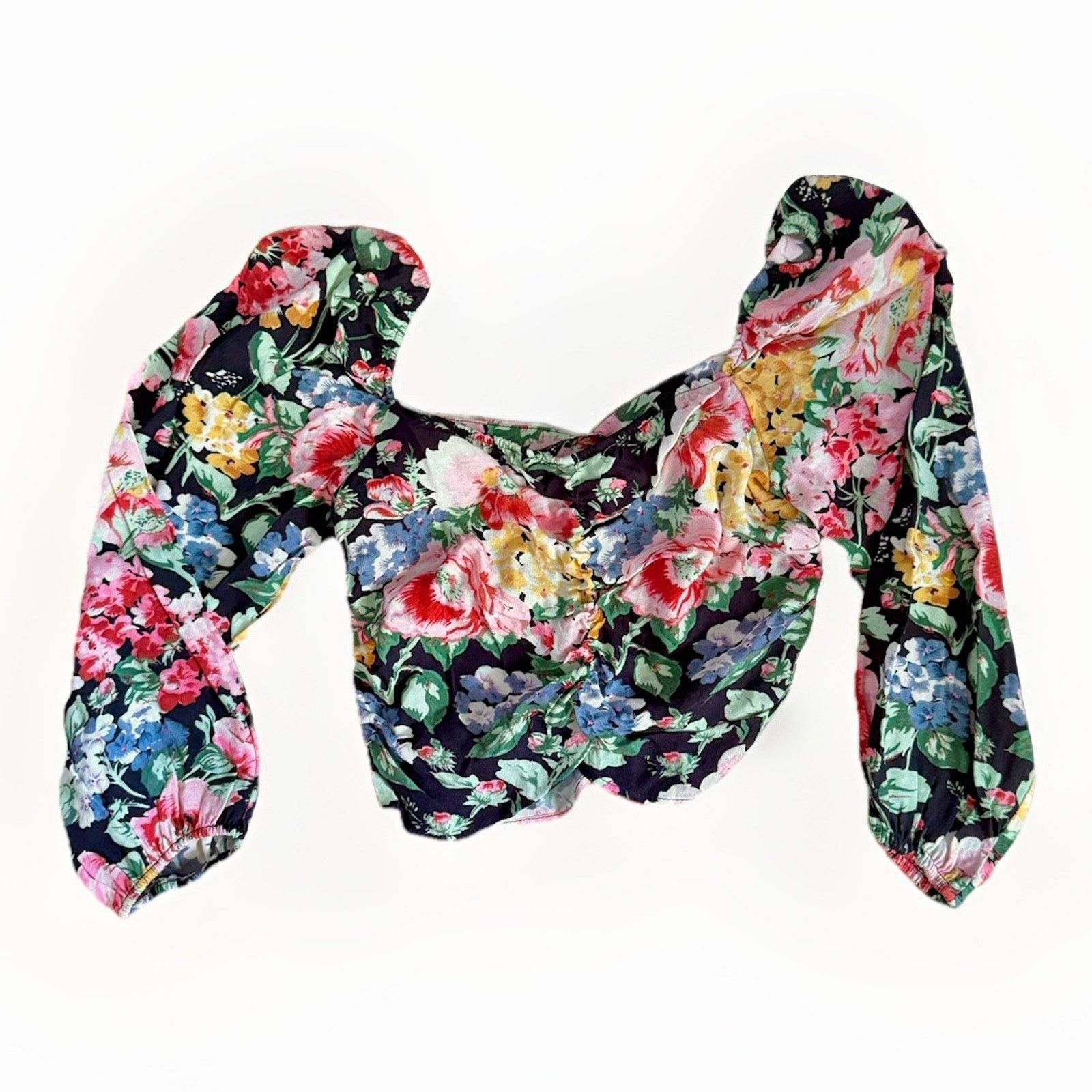 Zara Zara Women Black Floral 3/4 Sleeve Crop Blouse Top Size XS Size XS / US 0-2 / IT 36-38 - 4 Thumbnail