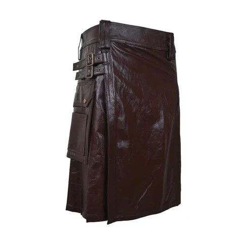 Handmade × Leather Customized Utility Cargo Leather Kilt Brown Size US 44 / EU 60 - 2 Thumbnail