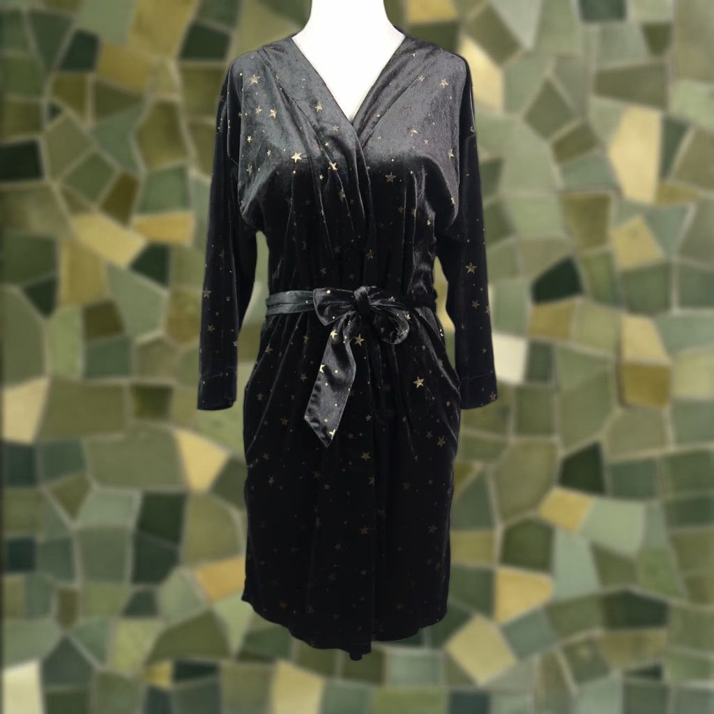 Vintage INC International Concepts Black Velvet Gold Star Robe S Womens Robe Long Sleeve Pockets Stars Holiday Autumn Spring Size ONE SIZE - 1 Thumbnail