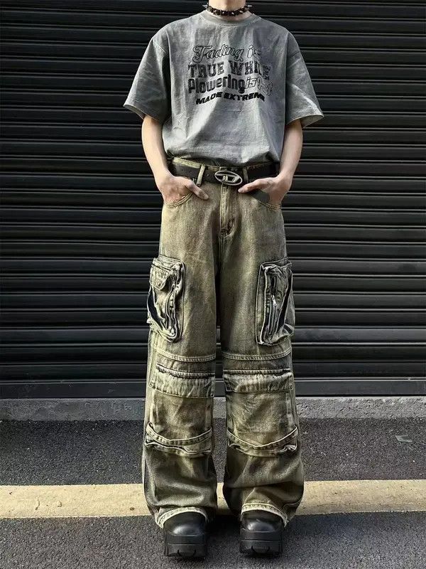 Jean Khaki Baggy / Chunky Bleached Cargo Wide Leg Jeans Size US 33 - 2 Thumbnail