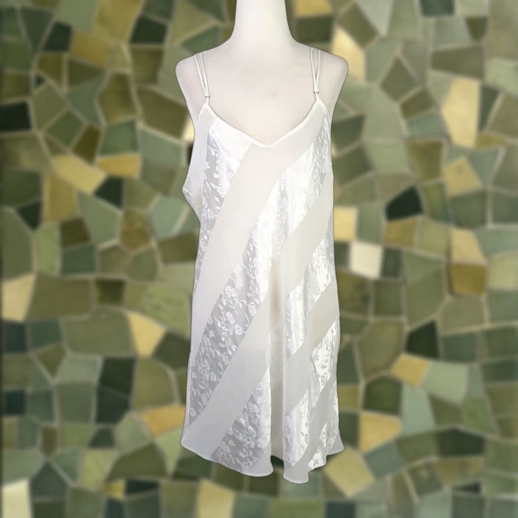 Vintage Dentelle Slip Dress Nighty White Floral Satin Sheer Stripe L Womens Size L / US 10 / IT 46 - 1 Thumbnail