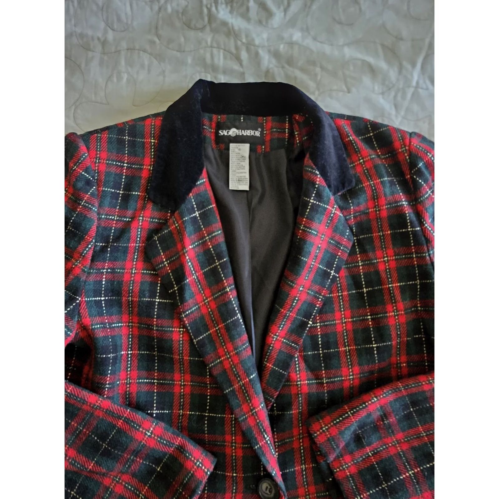 Vintage VINTAGE Sag Harbor Blazer Wool Plaid Red Black Velvet Collar 1990s Women Mens? Size L / US 10 / IT 46 - 4 Thumbnail