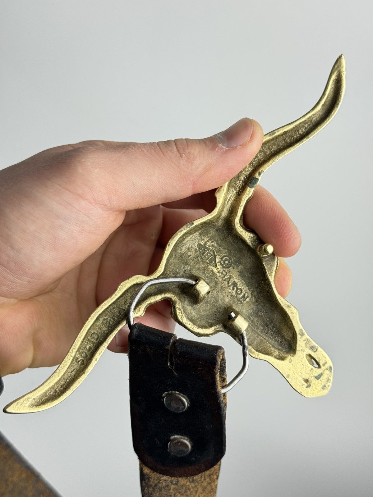 Vintage Leather Belt with Brass Longhorn Skull Buckle – Western Size ONE SIZE - 4 Thumbnail
