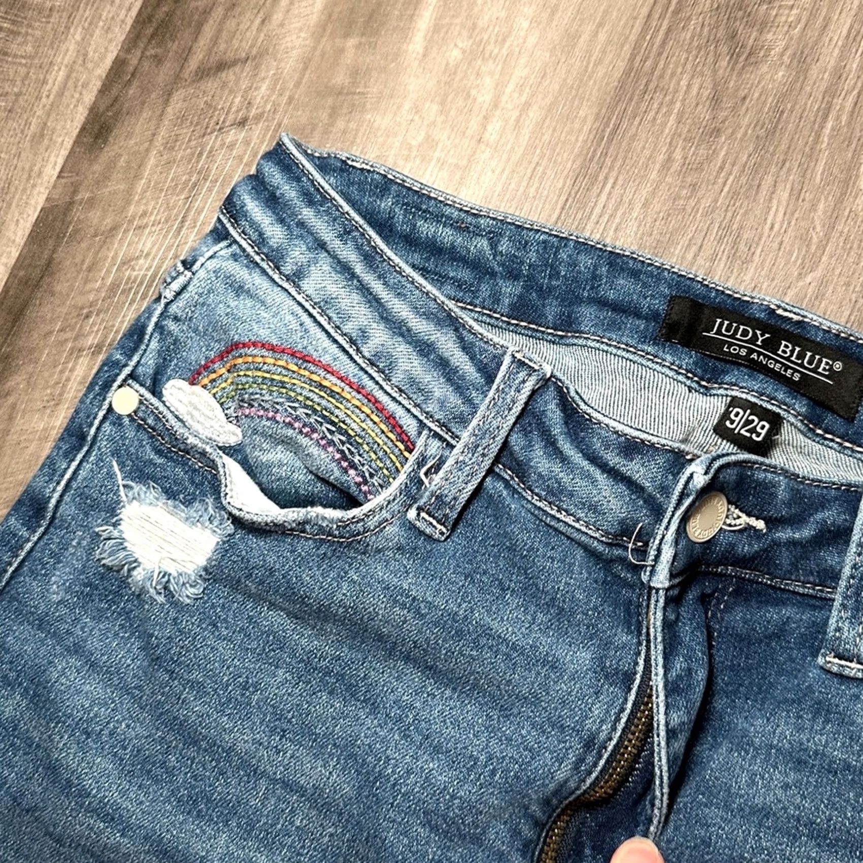 Rainbow Judy Blue Rainbow Embroidered Straight Leg Jeans - Women 29 Regular Blue Distressed 9/29 Size 29" - 6 Thumbnail