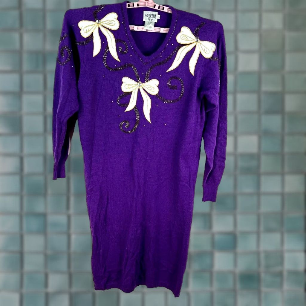 Vintage VINTAGE Cervelle Sweater Dress Womens Size L Purple Long Sleeve V-Neck Bow 80s Christmas Classic Size L / US 10 / IT 46 - 1 Thumbnail