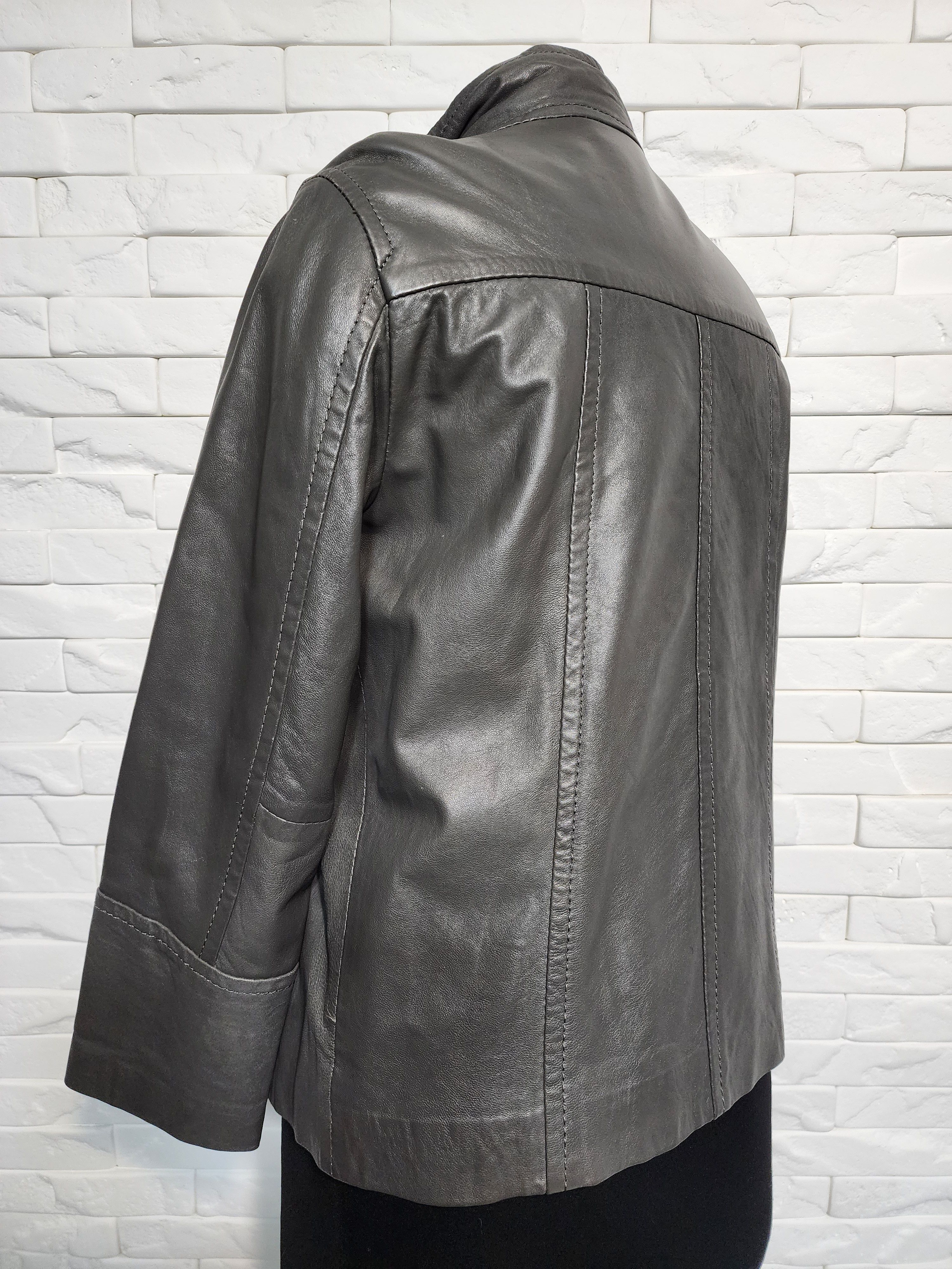 Genuine Leather Gray Leather Jacket: Women's Business Style, Metal Buttons Size L / US 10 / IT 46 - 7 Thumbnail