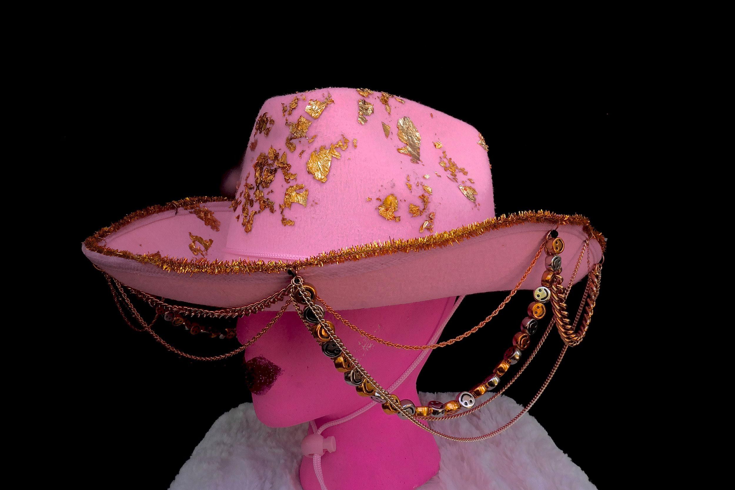 Handmade Pink Gold Leaf Cowgirl Hat Size ONE SIZE - 1 Thumbnail