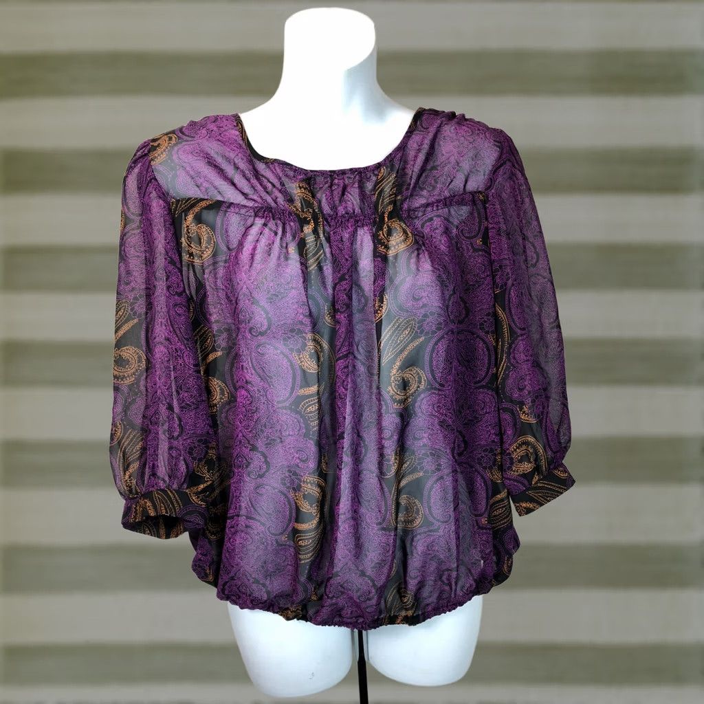 Mossimo VINTAGE Mossimo Purple/blk Geo Chiffon Blouse M 3/4 Balloon sleeves Fairy Y2K Womens Size M / US 6-8 / IT 42-44 - 1 Thumbnail