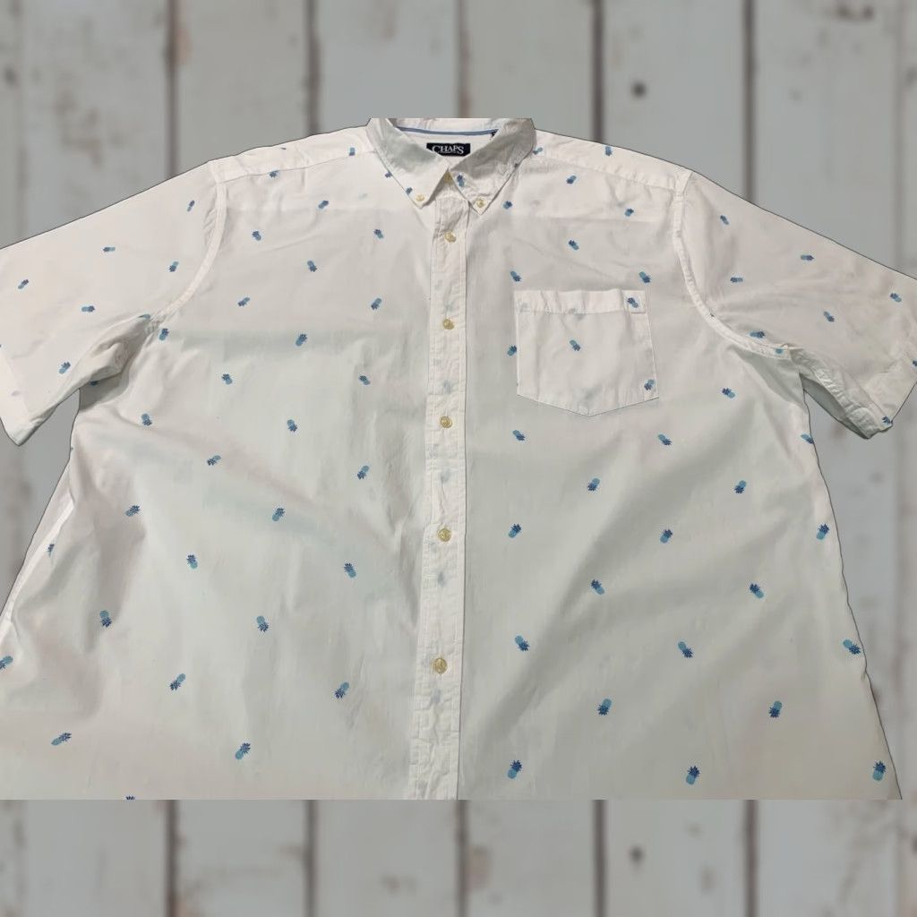 Chaps Chaps Button-Up Shirt Short Sleeve Cotton White with Blue Pineapple 2XLT Mens Size US 39 - 1 Thumbnail