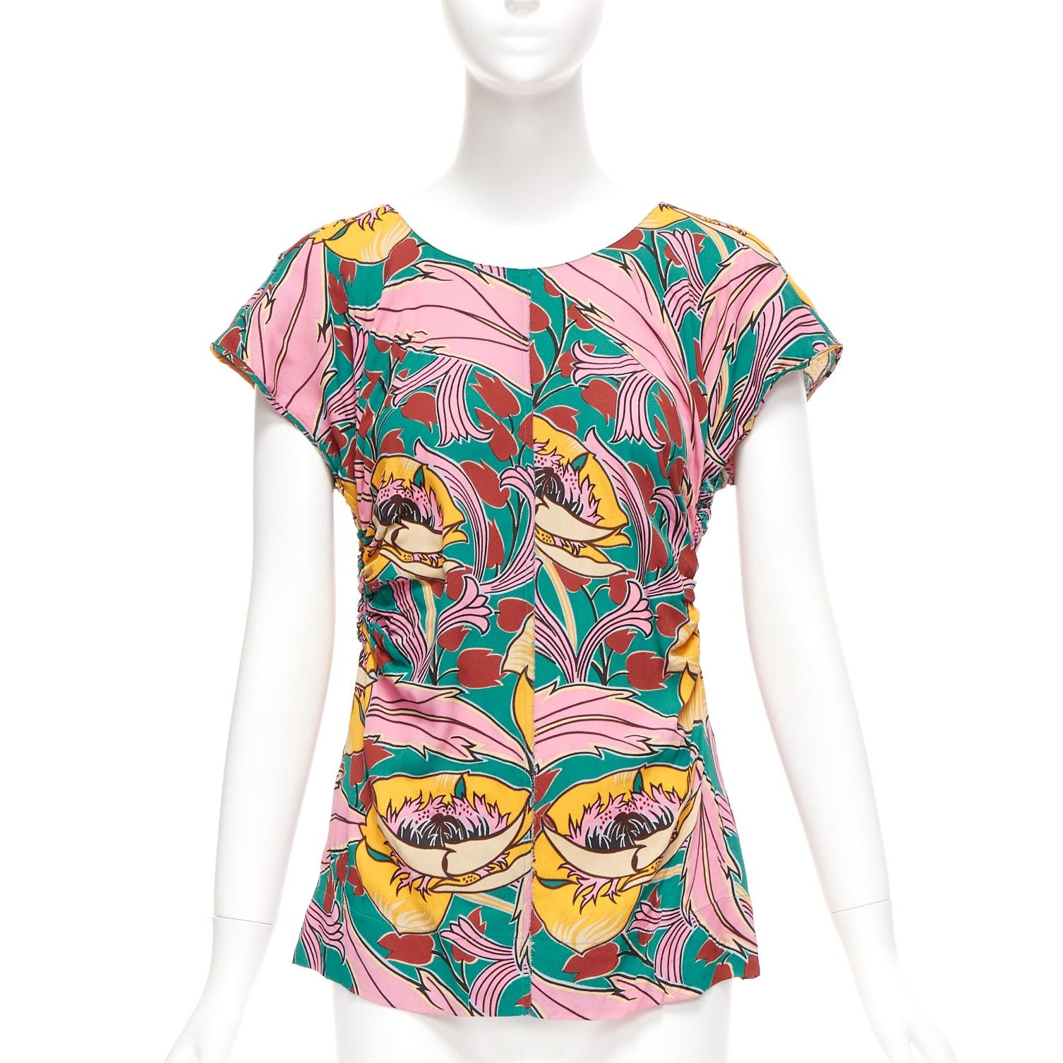 Image of Marni Pink Green Floral Illustration Print Gathered Side Cap Sleeve Top It38 Xs, Women's