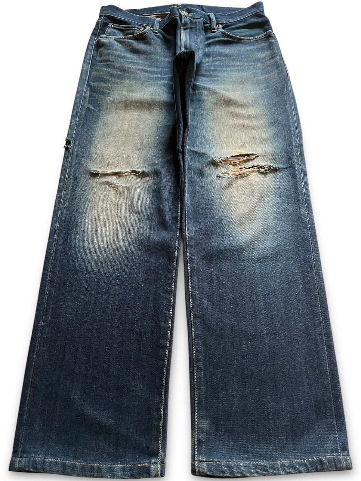 image of Distressed Denim x Edwin Vintage Japanese Edwin Mud Wash Distressed Rip Loose Jeans in Blue (Size 3