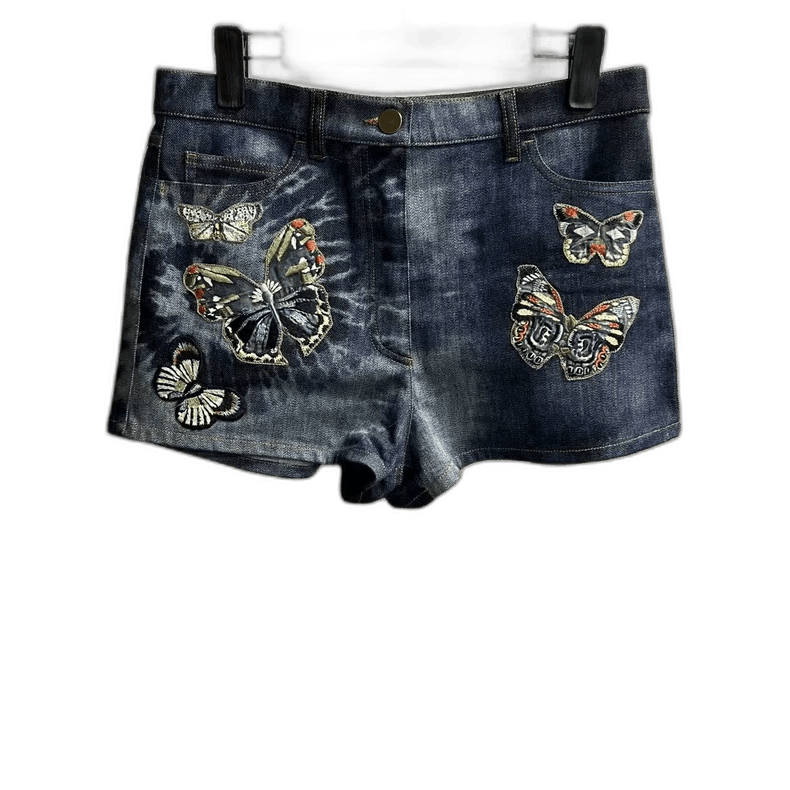 Valentino Blue Embroidered Butterfly Pattern Denim Shorts Size 38" / US 16 / IT 52 - 1 Thumbnail