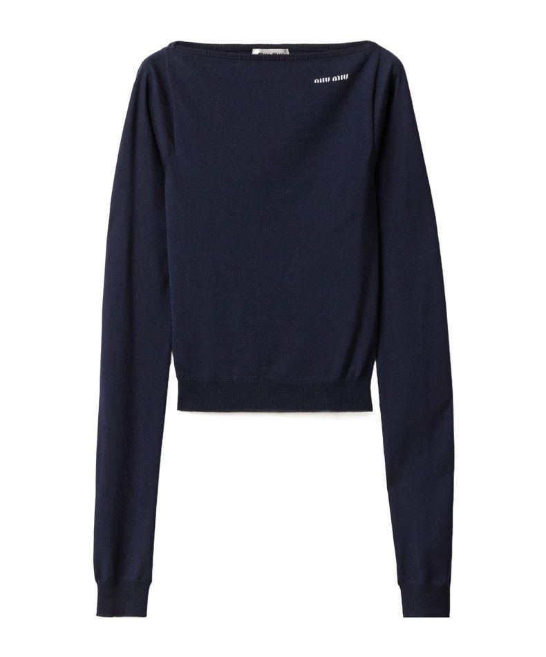 Miu Miu Miu Miu Blue Off-Shoulder Wool Top Size US M / EU 48-50 / 2 - 1 Thumbnail