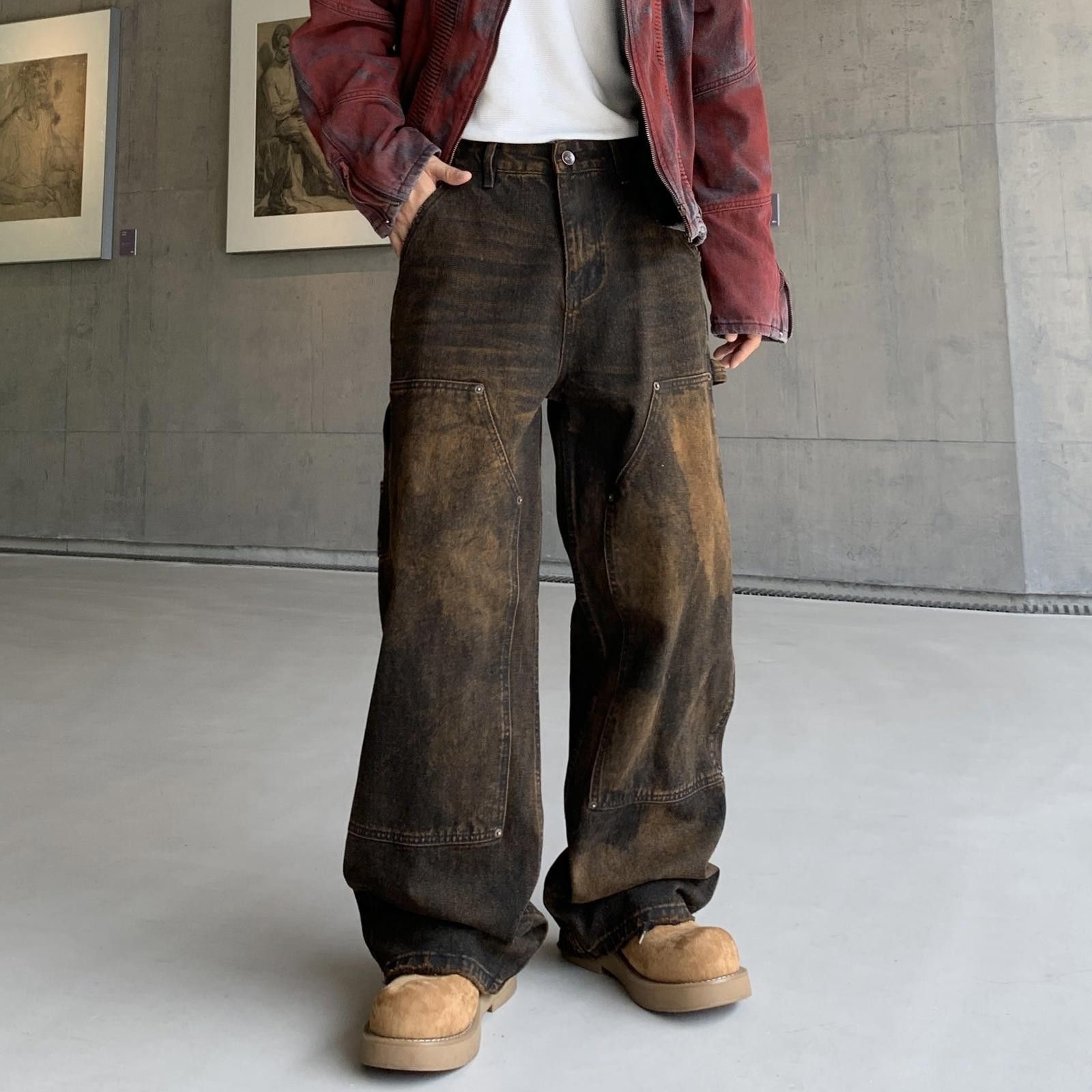 Brown Baggy Distressed Casual Pants Wide Leg Denim