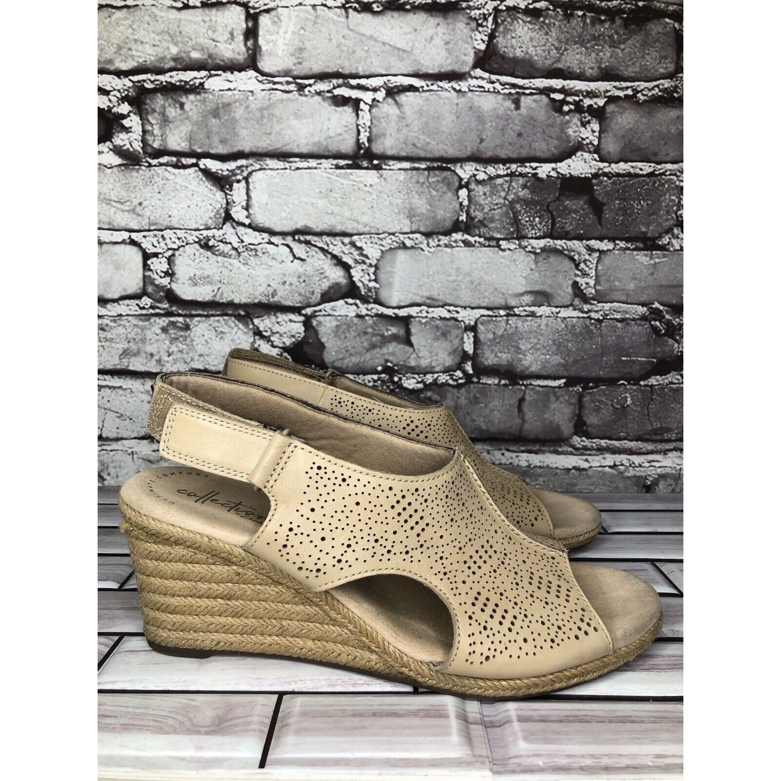 Clarks Clarks Beige Leather Perforated Strap Espadrilles Wedge Sand Size US 8.5 / IT 38.5 - 19 Thumbnail