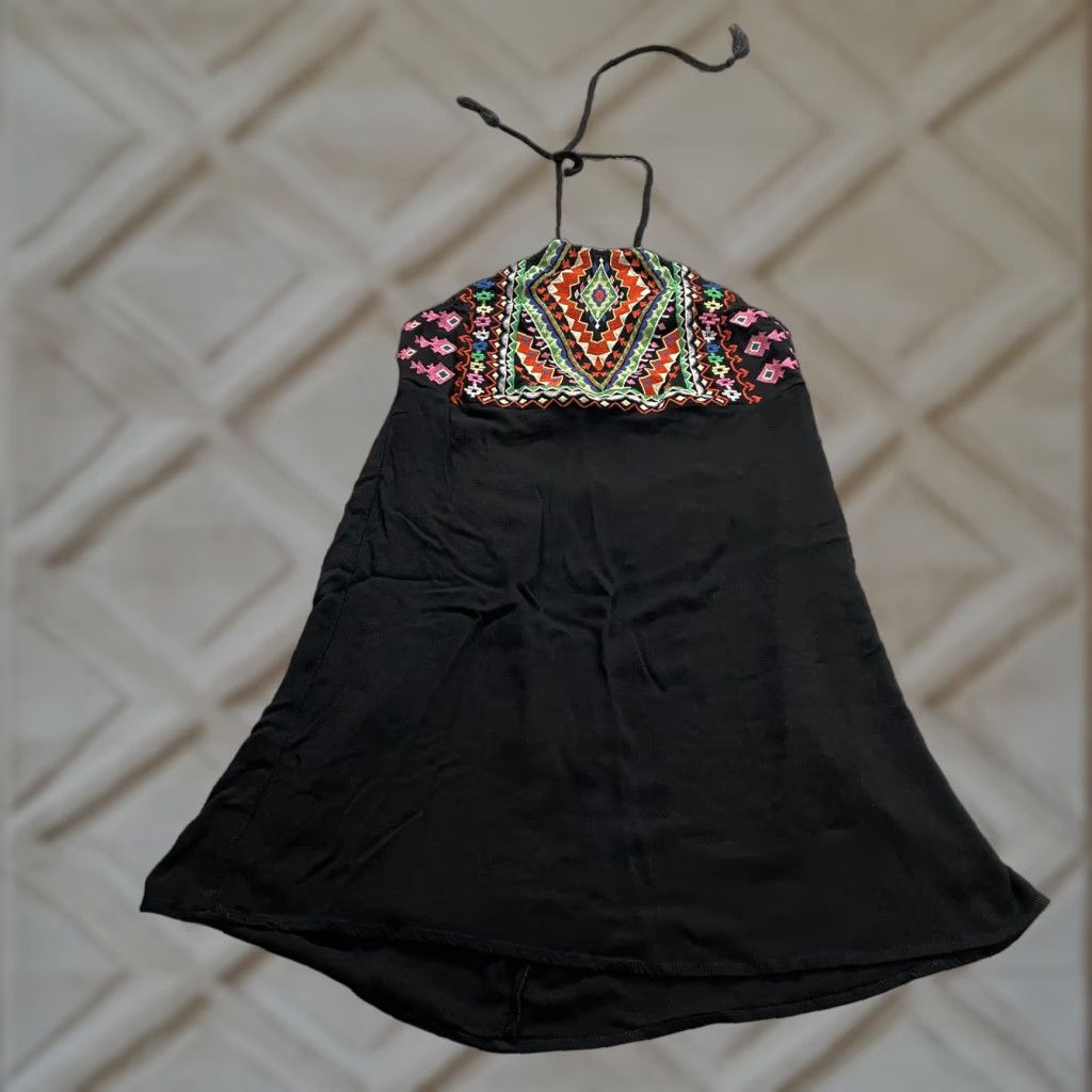 Vintage GIANNI BINI Dress Women's A-Line Sleeveless Halter Embroidered Geometric Tribal Black L Dress Size L / US 10 / IT 46 - 1 Thumbnail