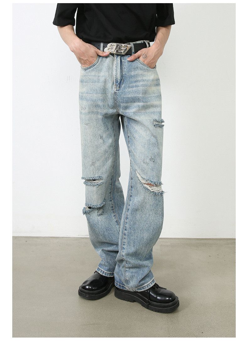 Japanese Brand Men's loose retro washed street straight leg ripped jeans Size US 32 / EU 48 - 2 Thumbnail