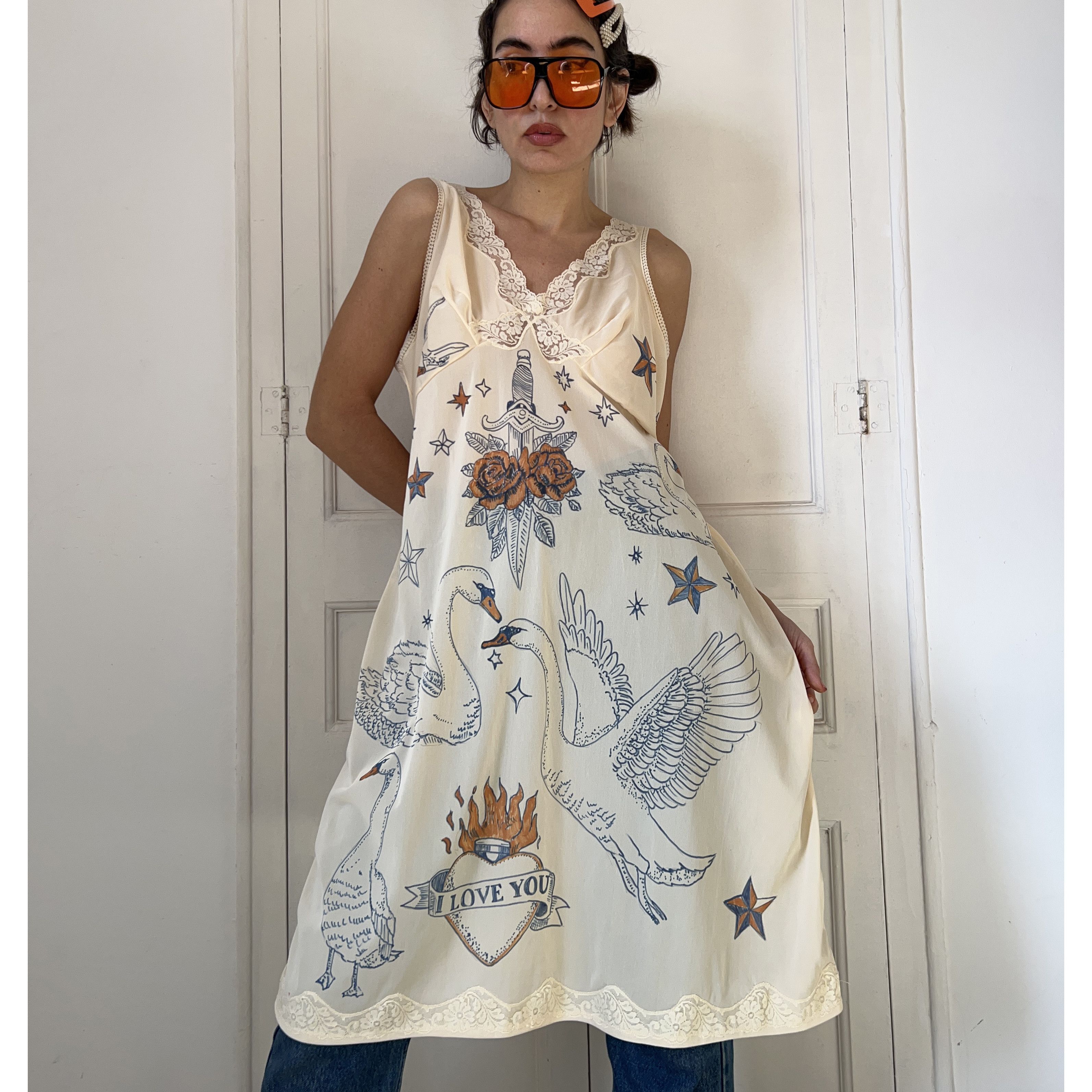Custommade Hand-Painted Tattoo Swan Slip Dress Size L / US 10 / IT 46 - 1 Thumbnail