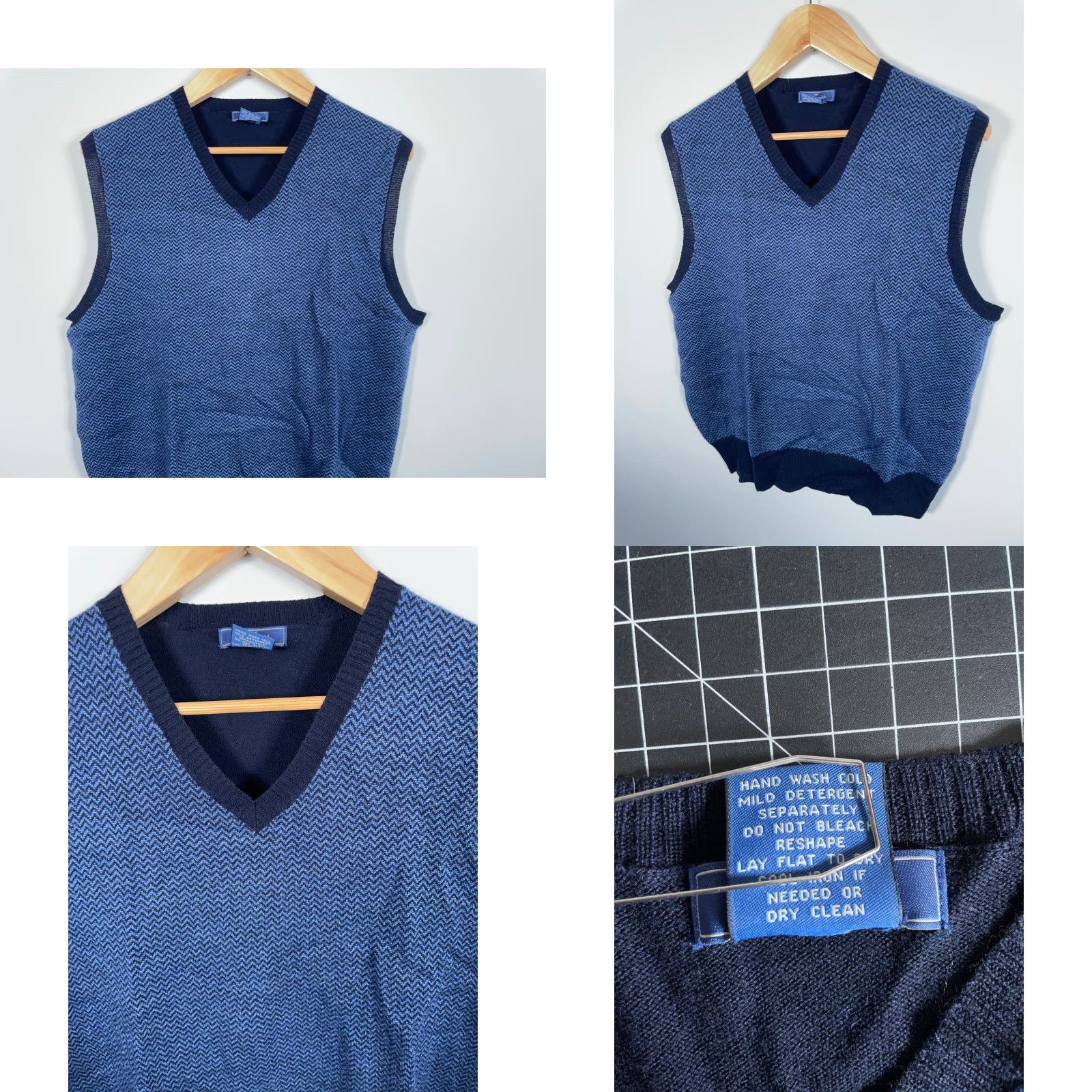 Faconnable Faconnable Vest Mens Large Blue Herringbone V-Neck Merino Wool Lightweight Knit Size US L / EU 52-54 / 3 - 8 Thumbnail