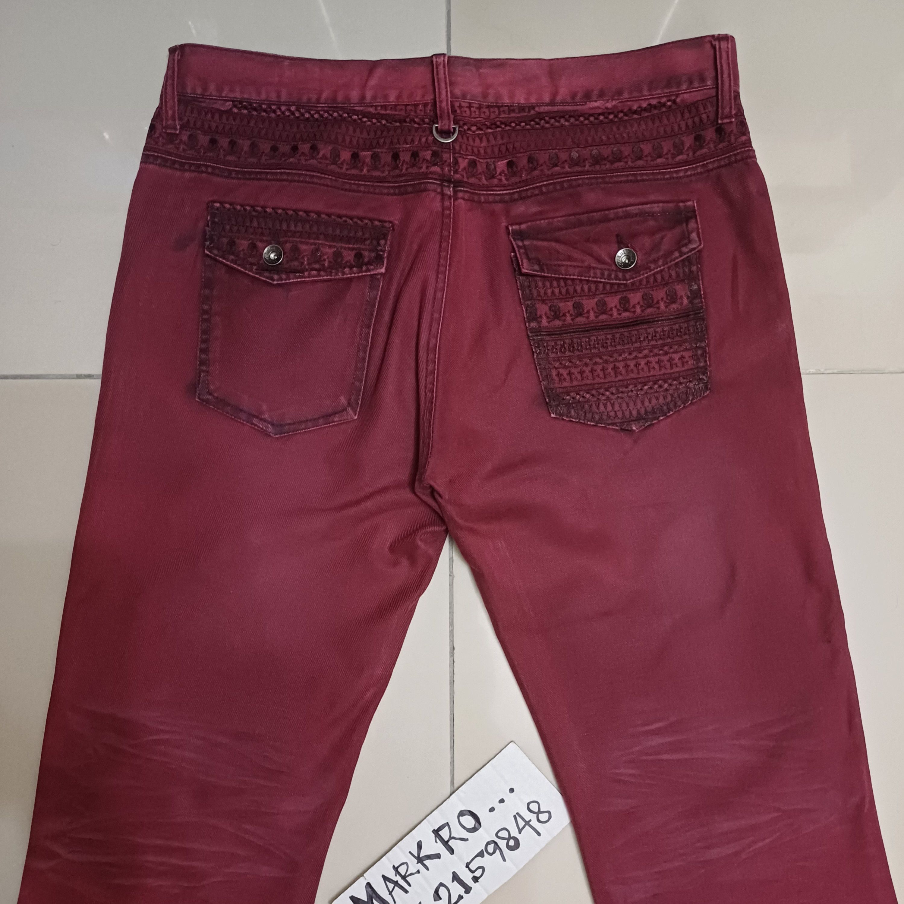 image of Semantic Design Red Colour & Skull Embroidery Design Jeans, Men's (Size 36)