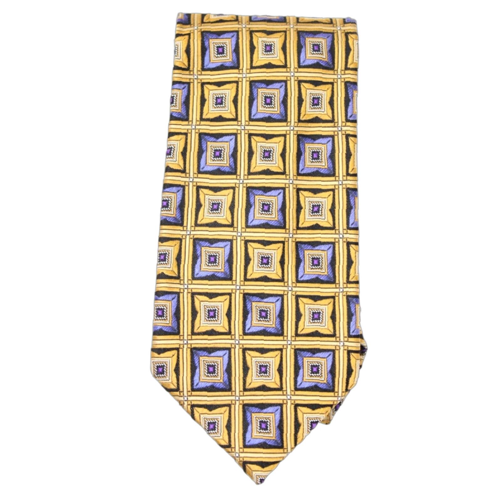 Vintage J Z Richards Silk Necktie Men's Yellow Gold Blue Squares Tie Handmade USA Size ONE SIZE - 1 Thumbnail