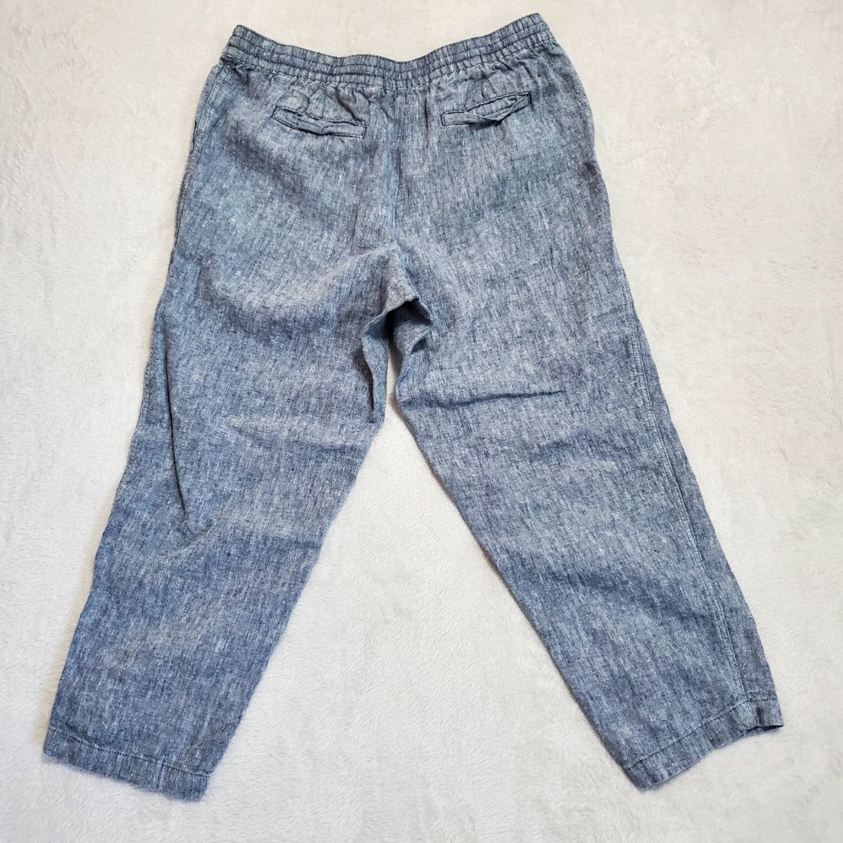 Vintage Land's End Linen Pants Women 12 Chambray Blue Crop Pull On Elastic Waist Coastal Size 34" / US 12 / IT 48 - 2 Thumbnail